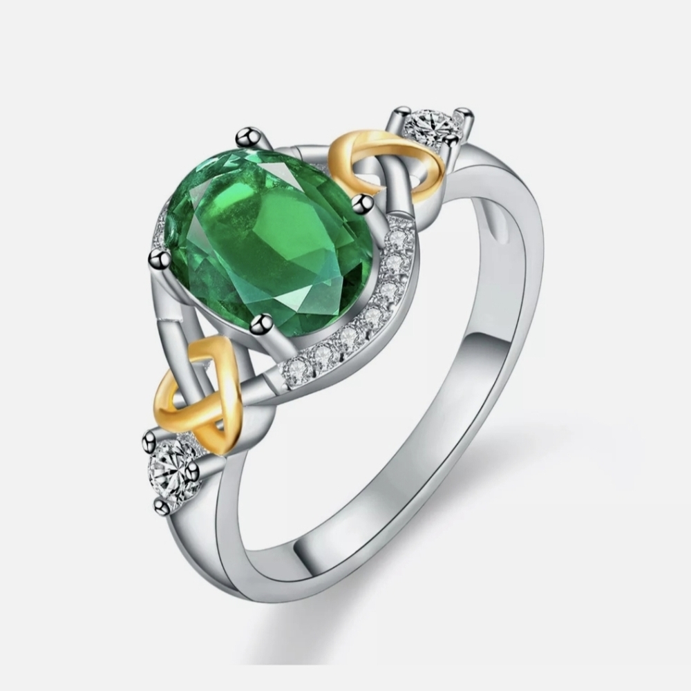 New Emerald Two Tone Eternity Knot Silver Ring.
